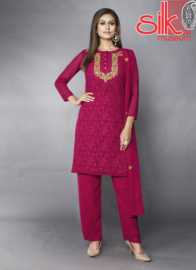 Pink Georgette Semi Stitched Suit With Thread,Sequins & Zari Work.