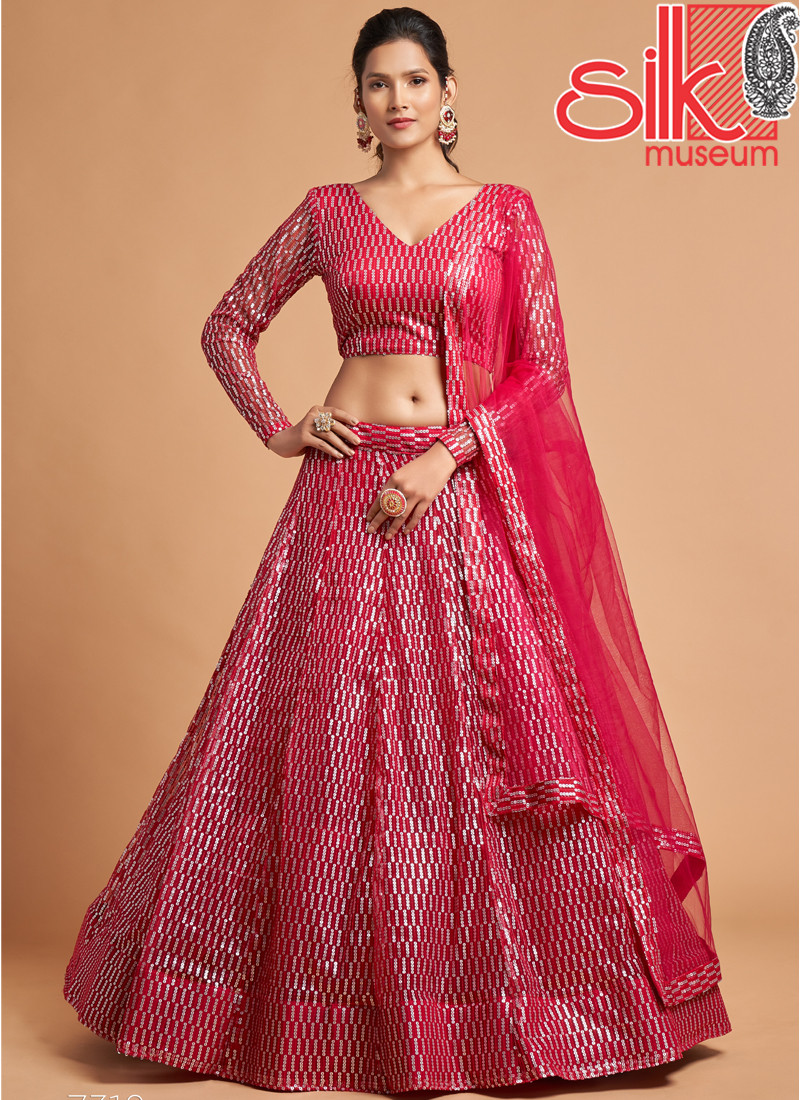 Hot Pink Lehenga Choli Net With Thread,Sequins & Embroidery Work