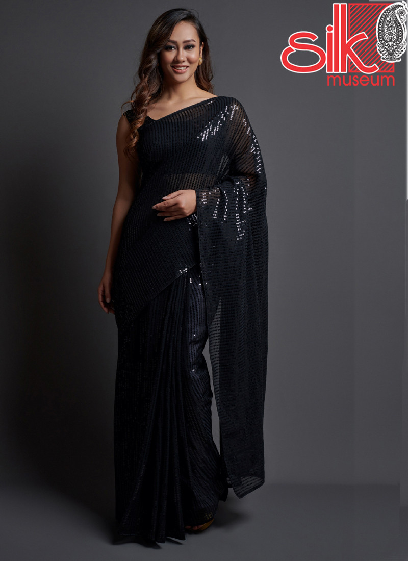Black Georgette Embellished Saree With Blouse Piece