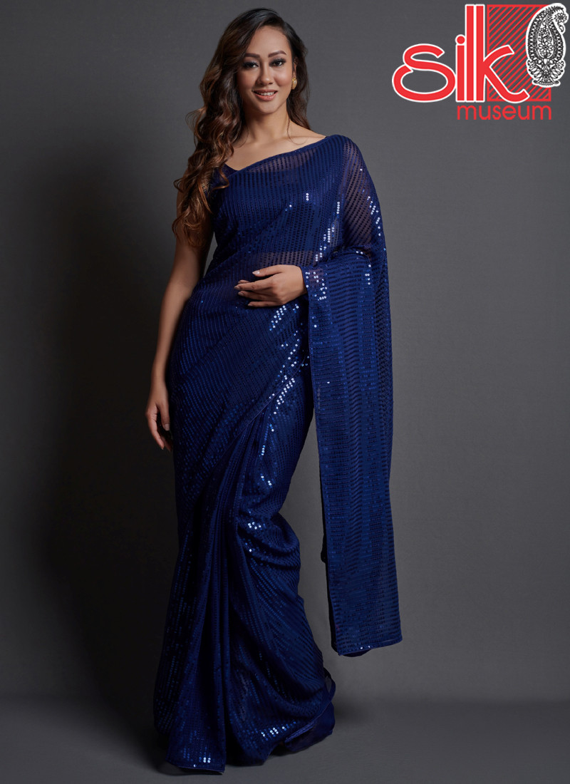 Navy Blue Georgette Embellished Saree With Blouse Piece