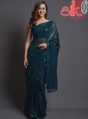 Teal Georgette Embellished Saree With Blouse Piece