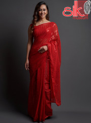 Red Georgette Embellished Saree With Blouse Piece