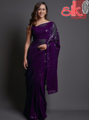 Purple Georgette Embellished Saree With Blouse Piece