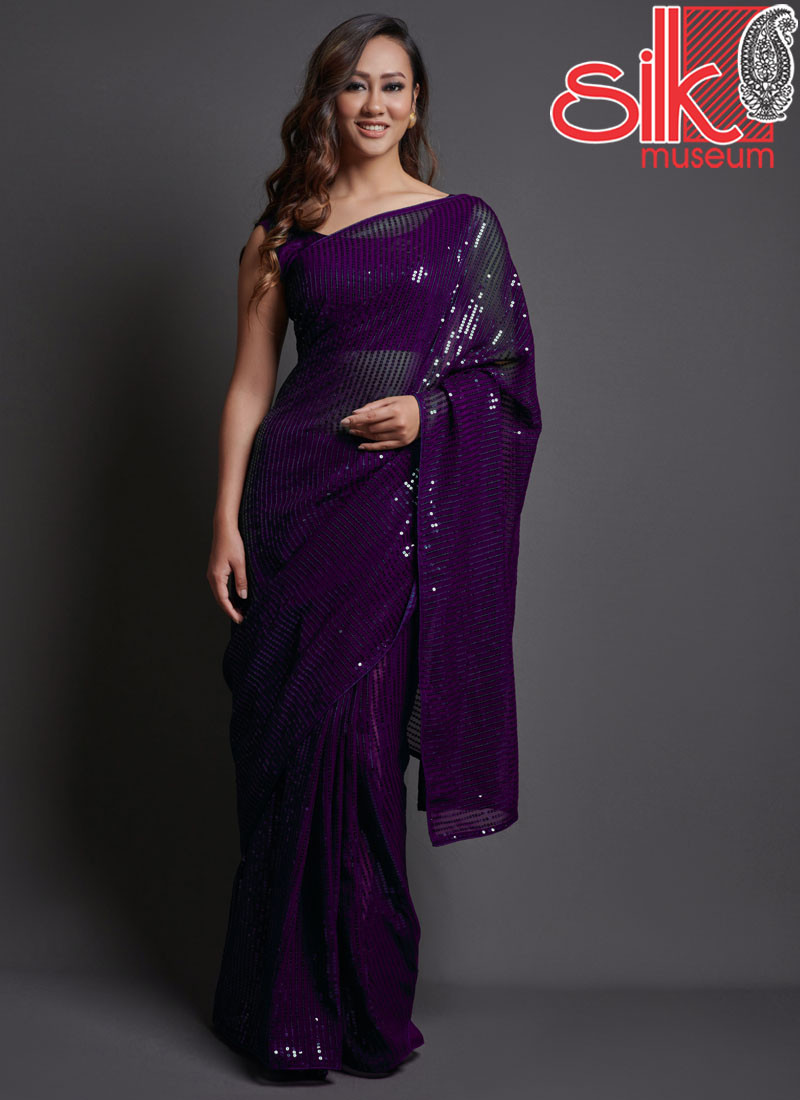Purple Georgette Embellished Saree With Blouse Piece
