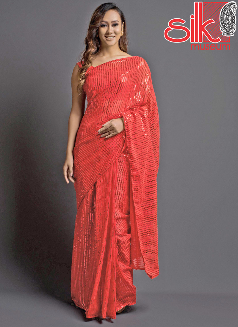 Coral Georgette Embellished Saree With Blouse Piece