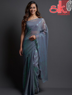 Grey Georgette Embellished Saree With Blouse Piece