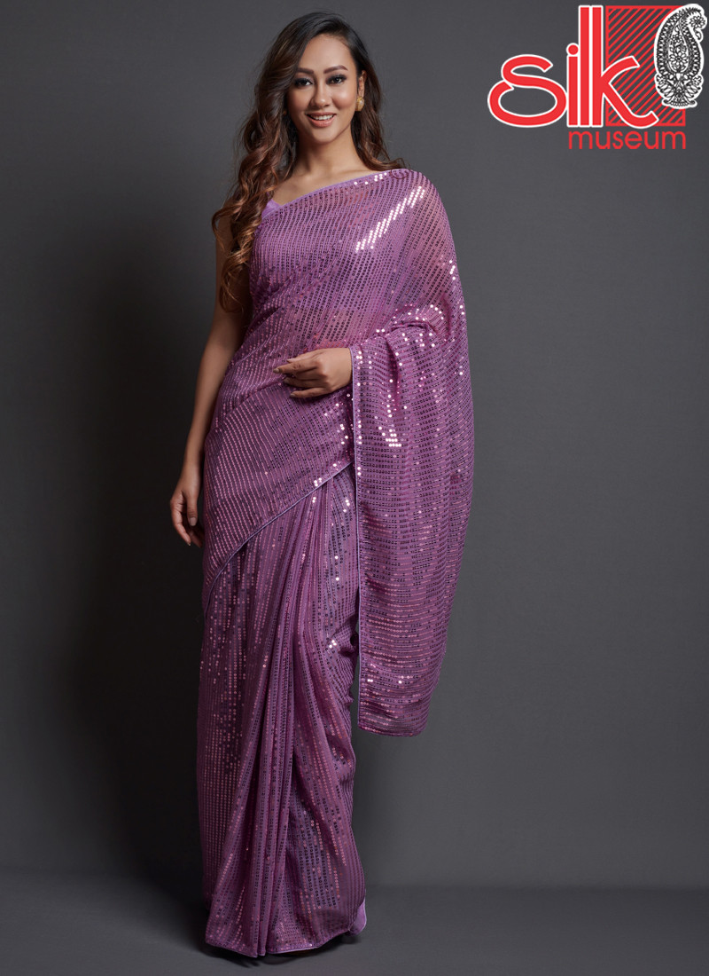 Lavender Georgette Embellished Saree With Blouse Piece