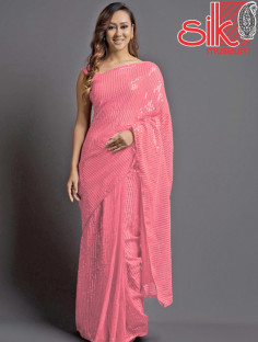 Pink Georgette Embellished Saree With Blouse Piece