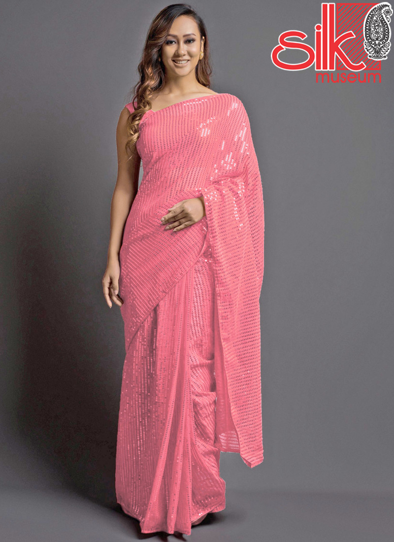 Pink Georgette Embellished Saree With Blouse Piece