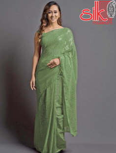 Light Green Georgette Embellished Saree With Blouse Piece