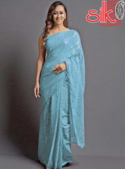 Sky Blue Georgette Embellished Saree With Blouse Piece