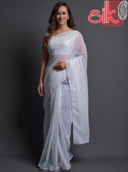 White Georgette Embellished Saree With B