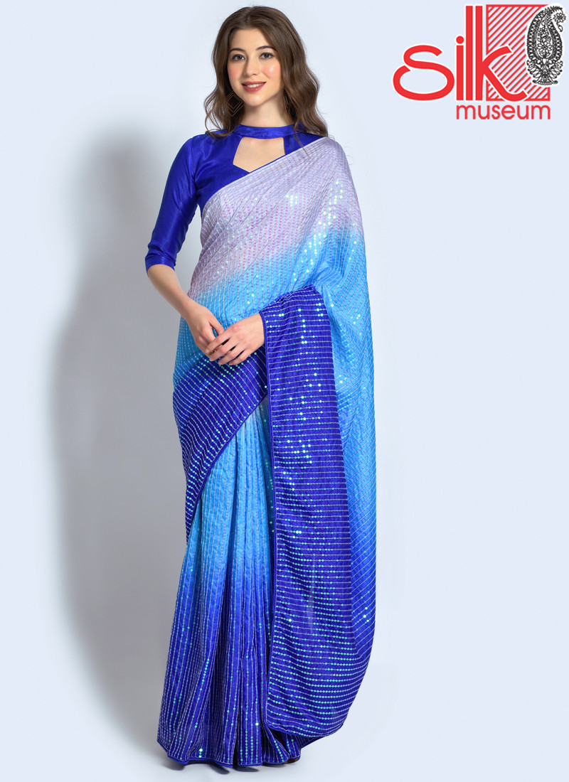 Blue Georgette Embellished Saree With Blouse Piece