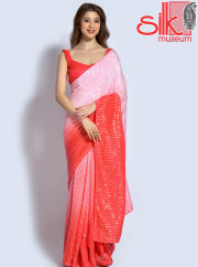 Orange Pink Georgette Embellished Saree With Blouse Piece