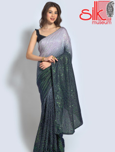 Grey Green Georgette Embellished Saree With Blouse Piece