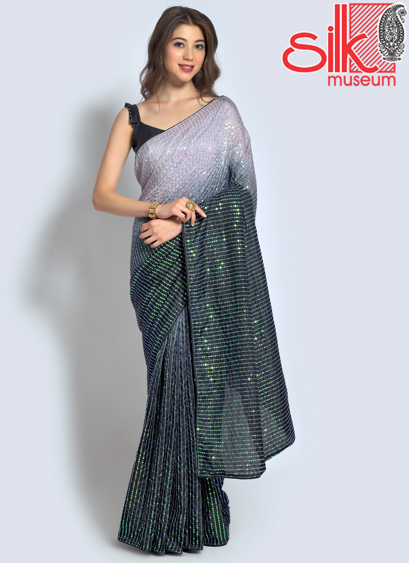 Grey Green Georgette Embellished Saree With Blouse Piece