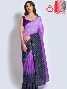 Purple Green Georgette Embellished Saree With Blouse Piece