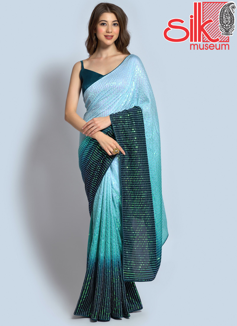 Sea Green Georgette Embellished Saree With Blouse Piece