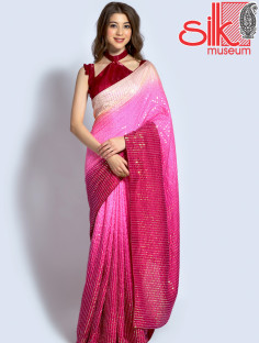 Pink Red Georgette Embellished Saree With Blouse Piece