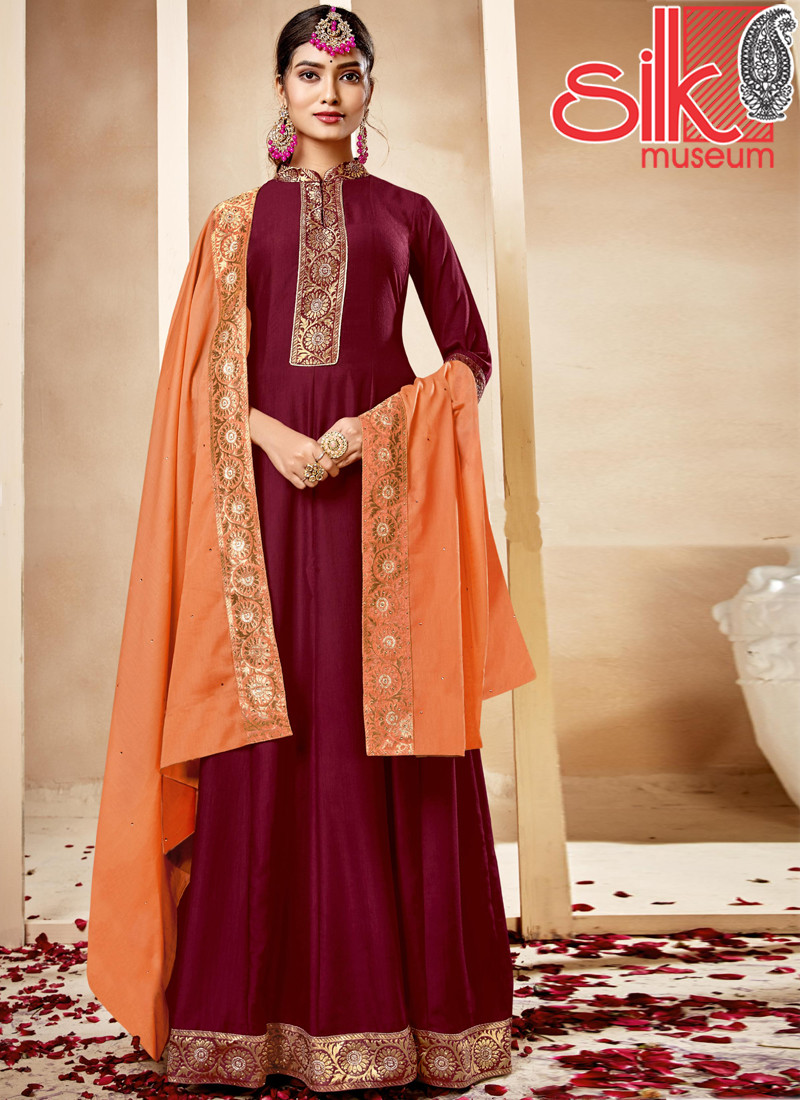 Maroon Heavy Masleen With Dola Jacquard Lace & Handwork