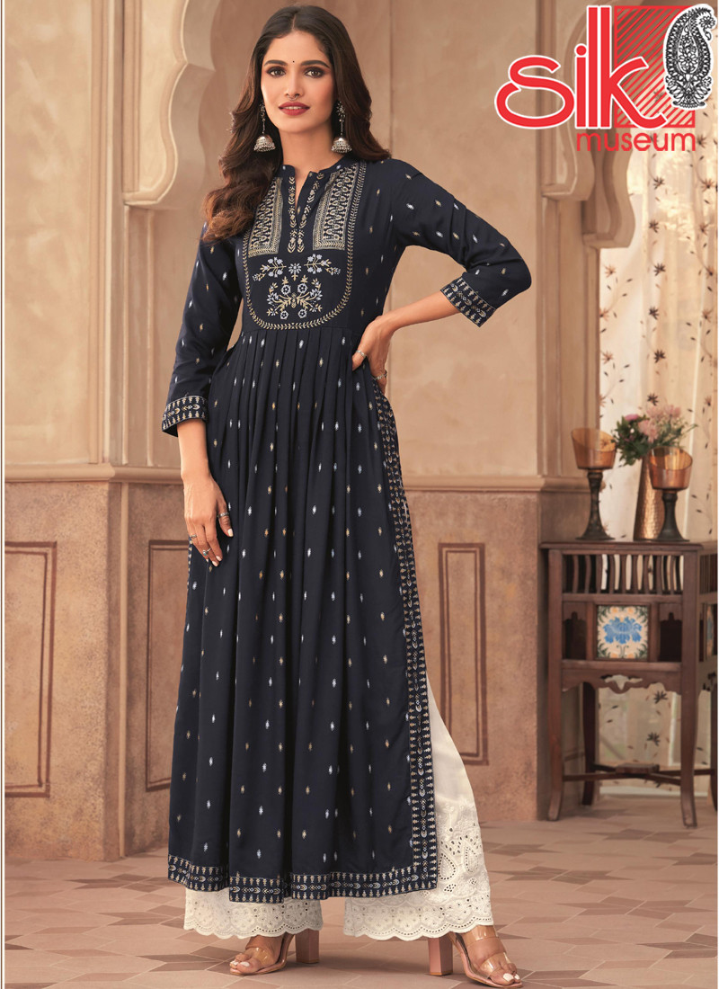 Blue Readymade Lucknowi Style Dresses  Rayon with Digital HD Print