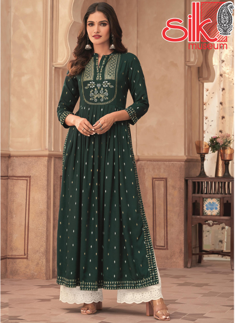 Green Readymade Lucknowi Style Dresses Rayon With Digital HD Print