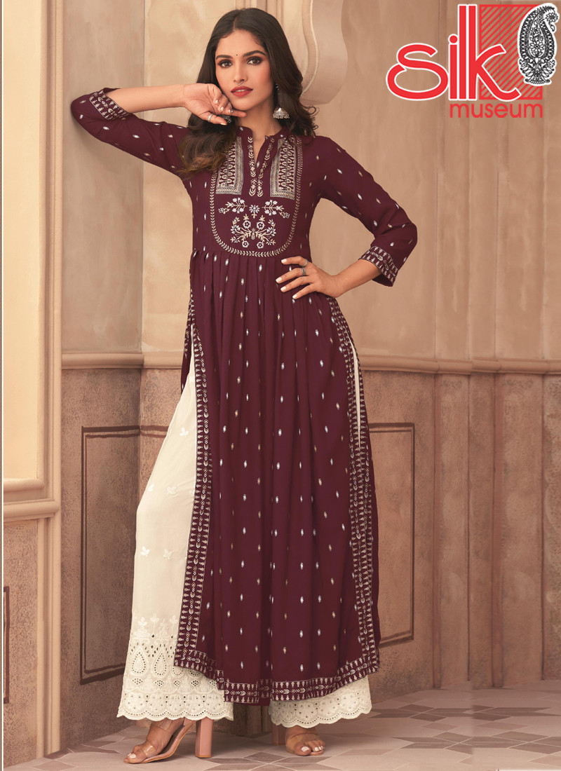 Purple Readymade Lucknowi Style Dresses Rayon With Digital HD Print
