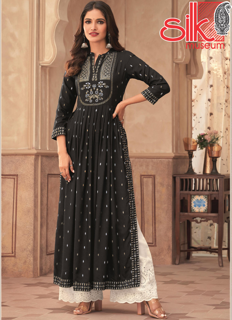 Black Readymade Lucknowi Style Dresses Rayon With Digital HD Print