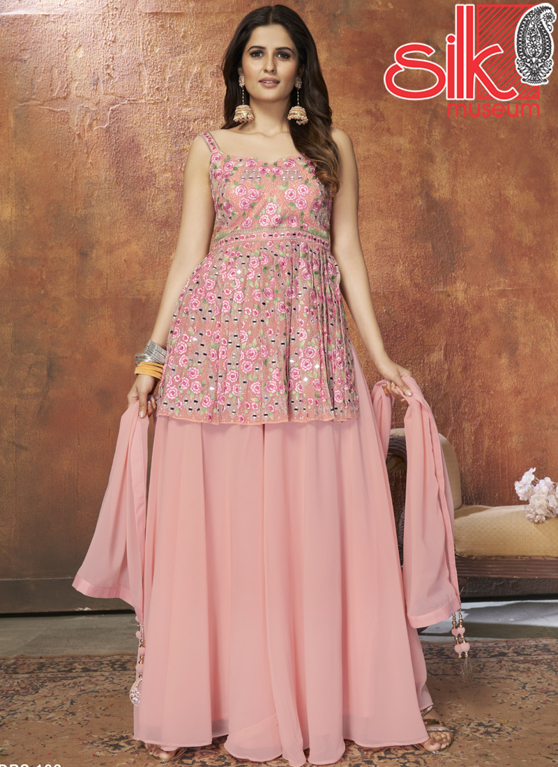 Pink Dress Georgette With Zari,Resham,Mirror & Sequins Work