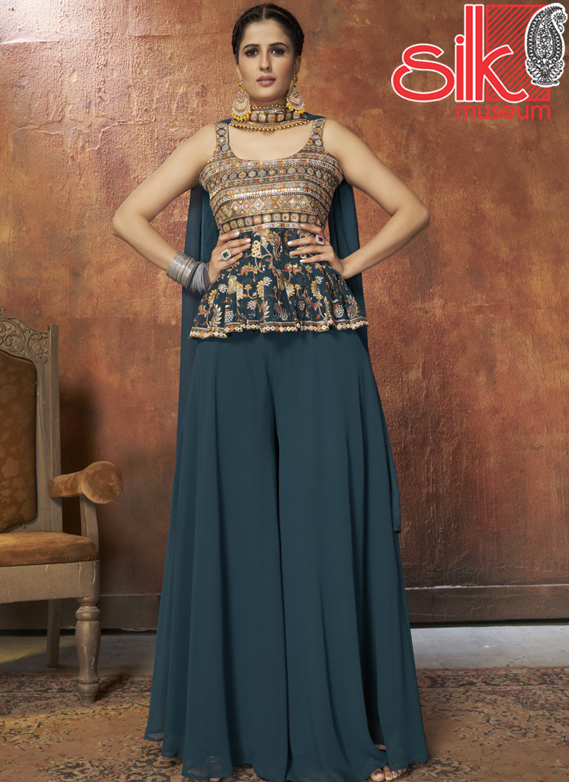 Aqua Blue Dress Georgette With Zari,Resham,Mirror & Sequins Work
