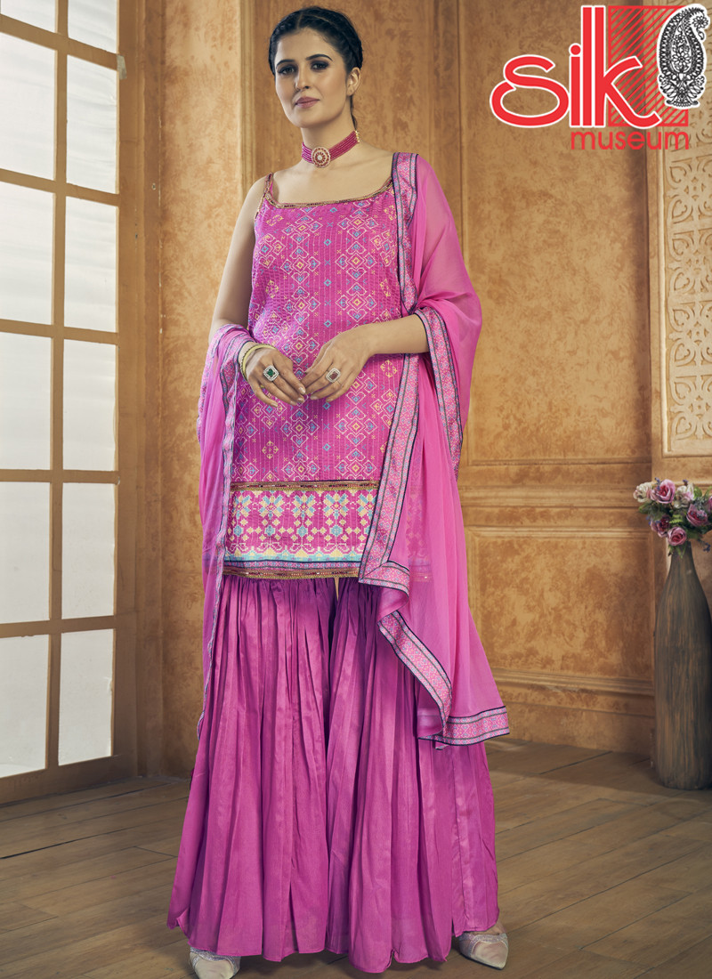 Pink Dress Printed Chinon Silk,Chiffon With Resham & Sequins Work