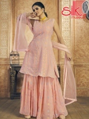 Peach Dress Georgette,Soft Net With Zari