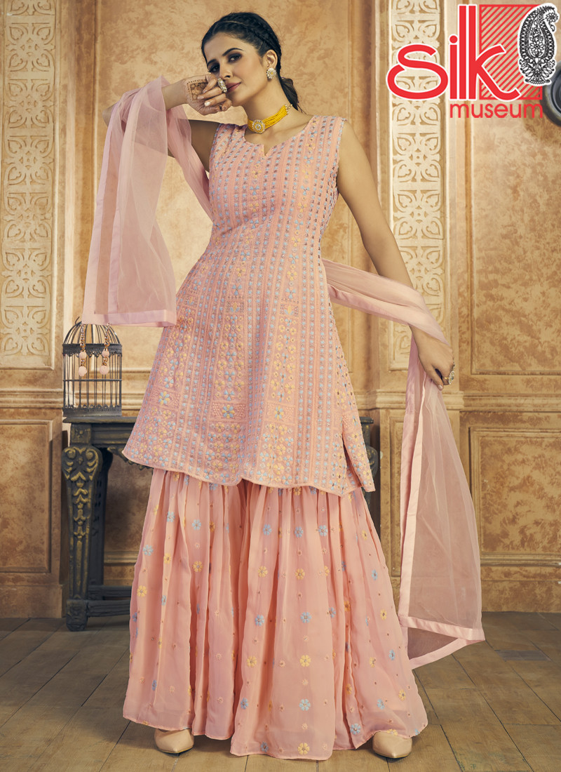 Peach Dress Georgette,Soft Net With Zari & Resham Work