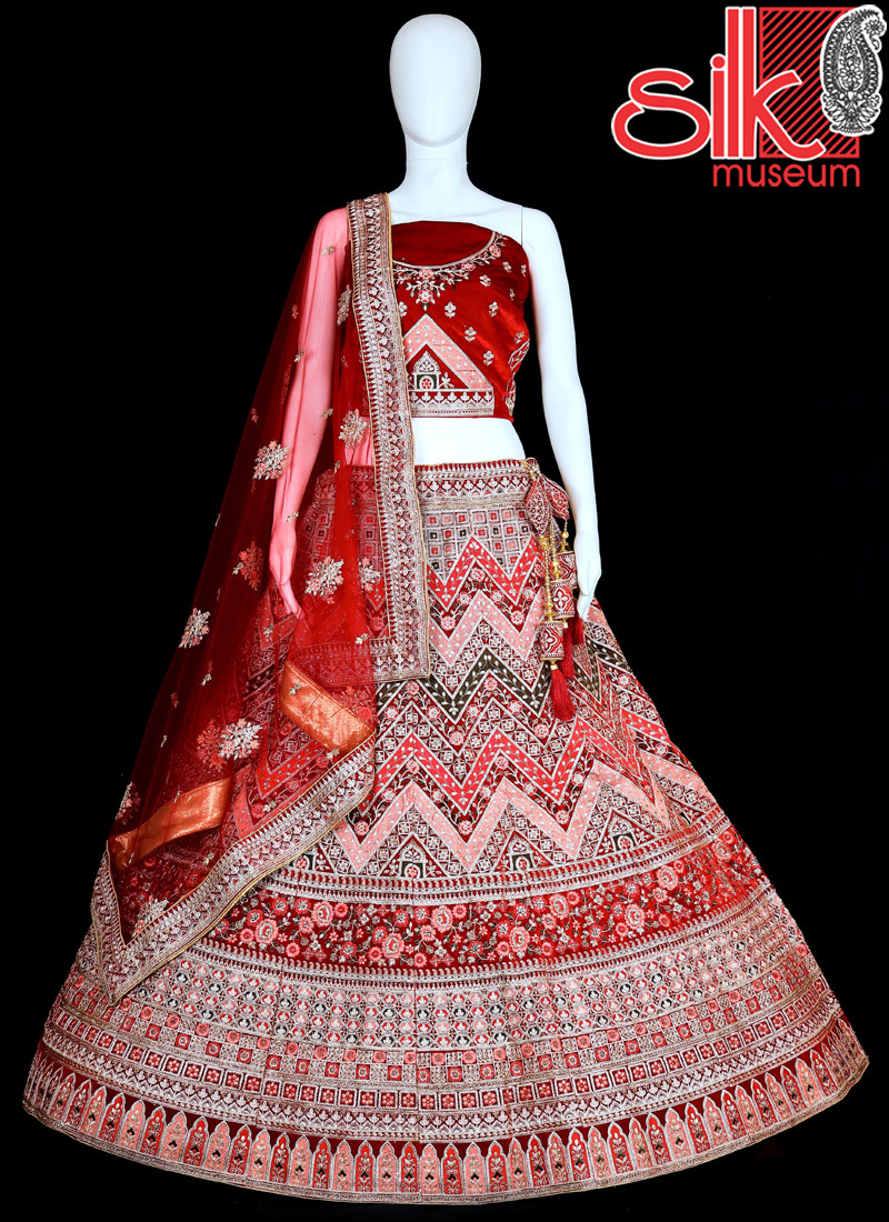 Red Lehenga Choli Velvet,Net With Thread & Embroidery Work