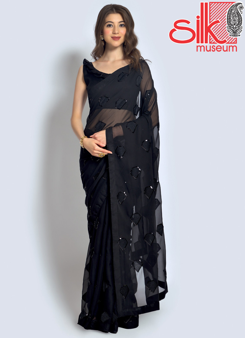 Black Saree Georgette With Sequence,Thread & Embroidery Work