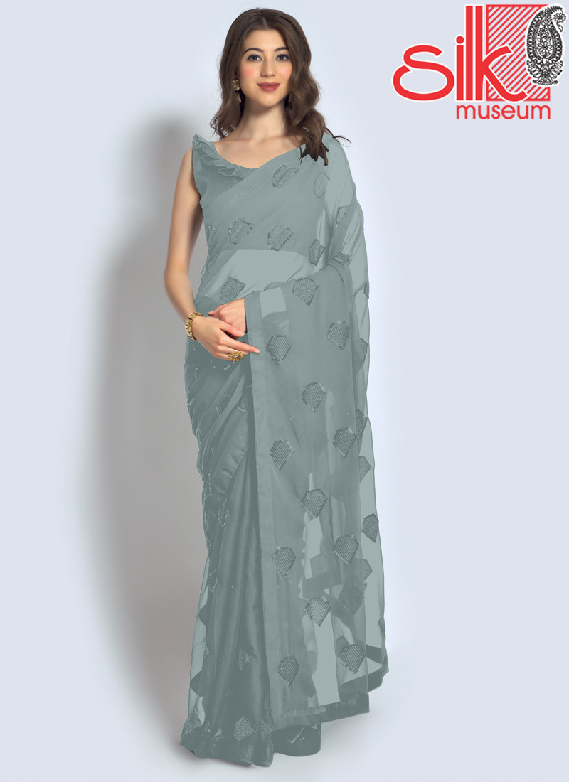 Grey Saree Georgette With Sequence,Thread & Embroidery Work