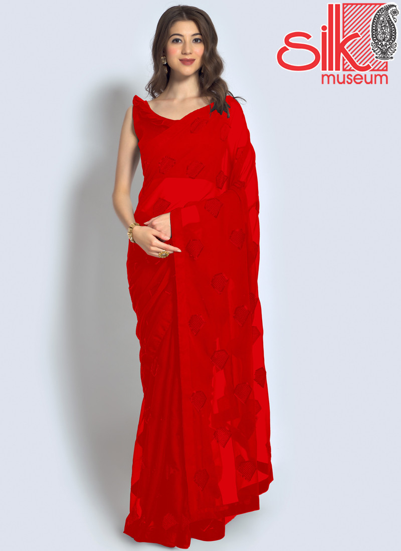 Red Saree Georgette With Sequence,Thread & Embroidery Work