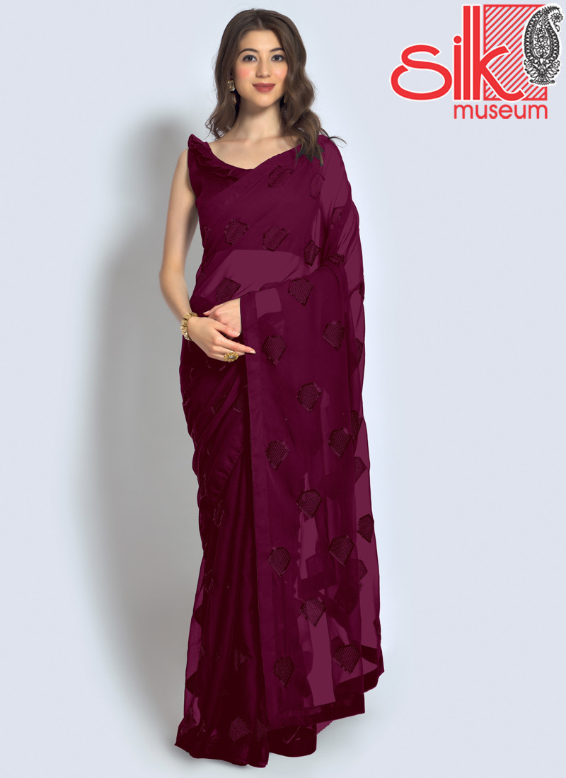 Wine Saree Georgette With Sequence,Thread & Embroidery Work