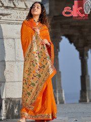 Orange Banarasi Soft Silk Designer Saree