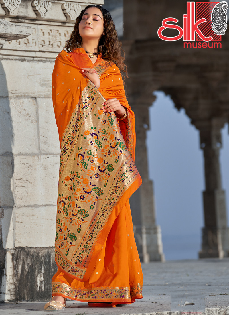 Orange Banarasi Soft Silk Designer Sarees