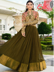 Olive Semi-stitched Embroidered Dress Material With Dupatta