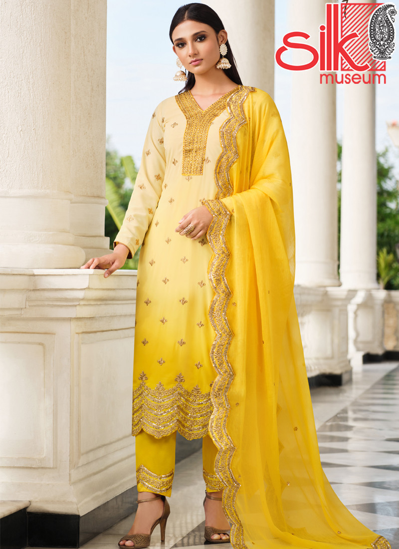 Yellow Semi-stitched Embroidered Dress Material With Dupatta