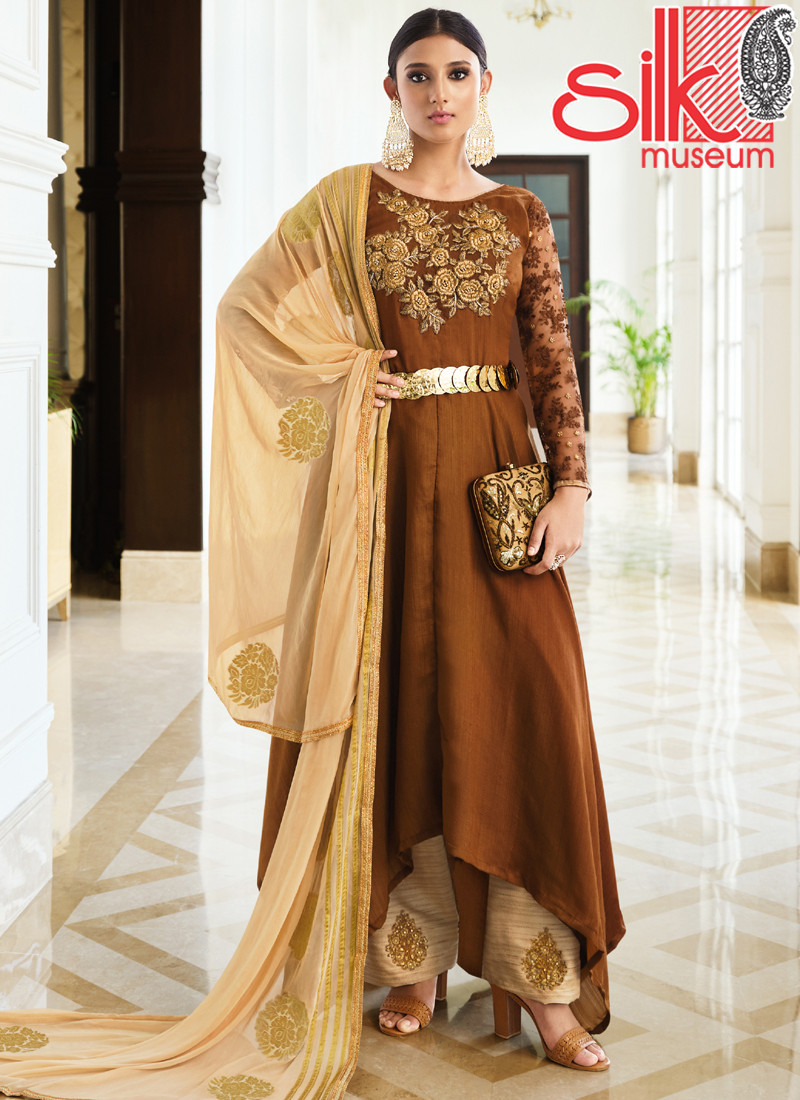 Brown Semi-stitched Embroidered Dress Material With Dupatta
