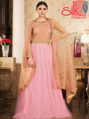 Peach Semi-stitched Embroidered Dress Material With Dupatta