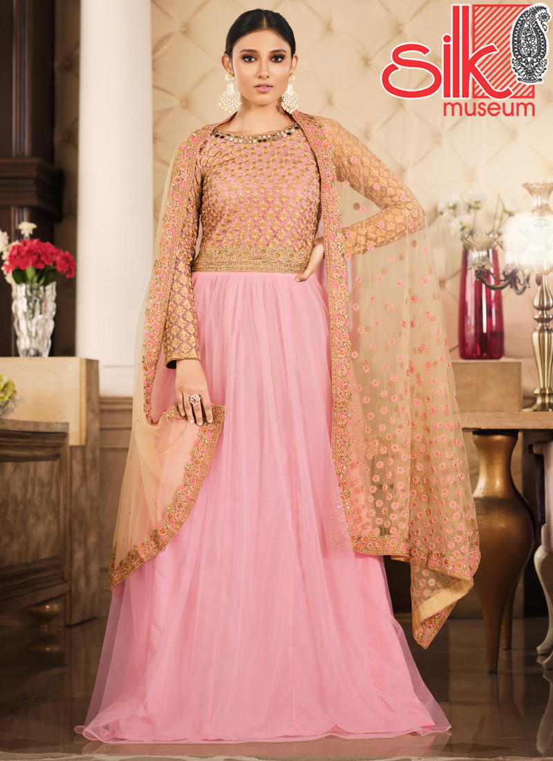 Peach Semi-stitched Embroidered Dress Material With Dupatta