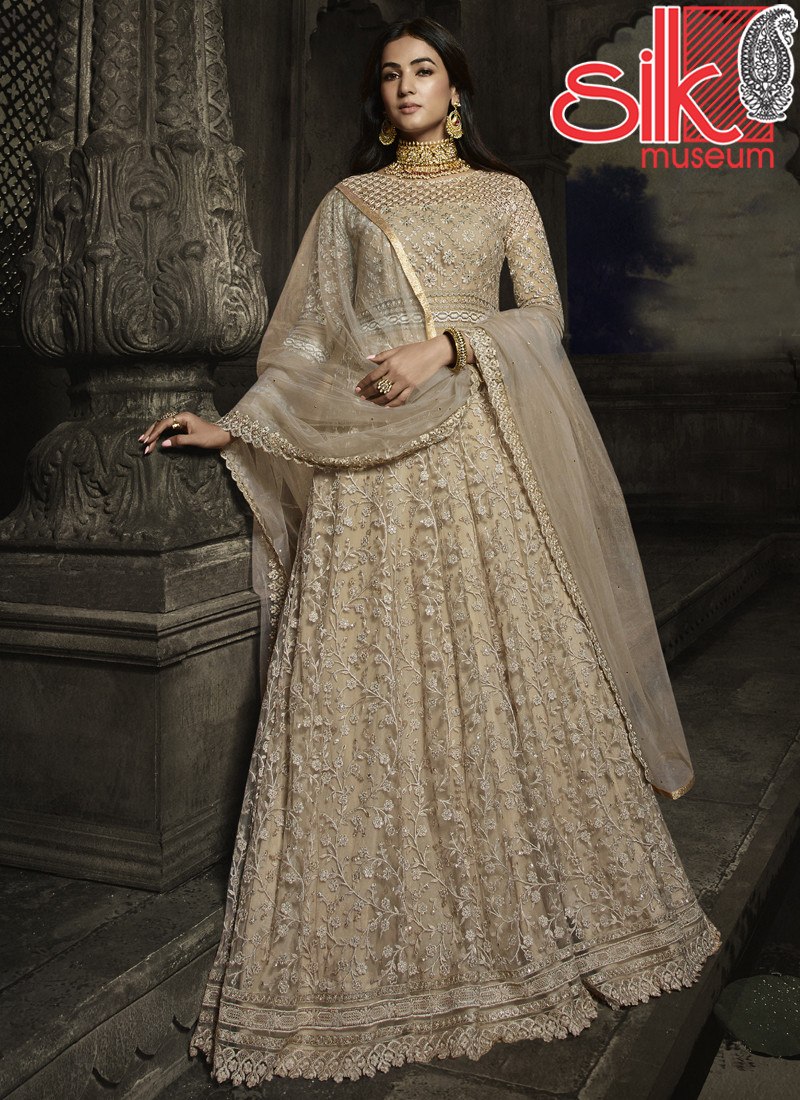 Beige Unstitched Embroidered Dress Material With Dupatta