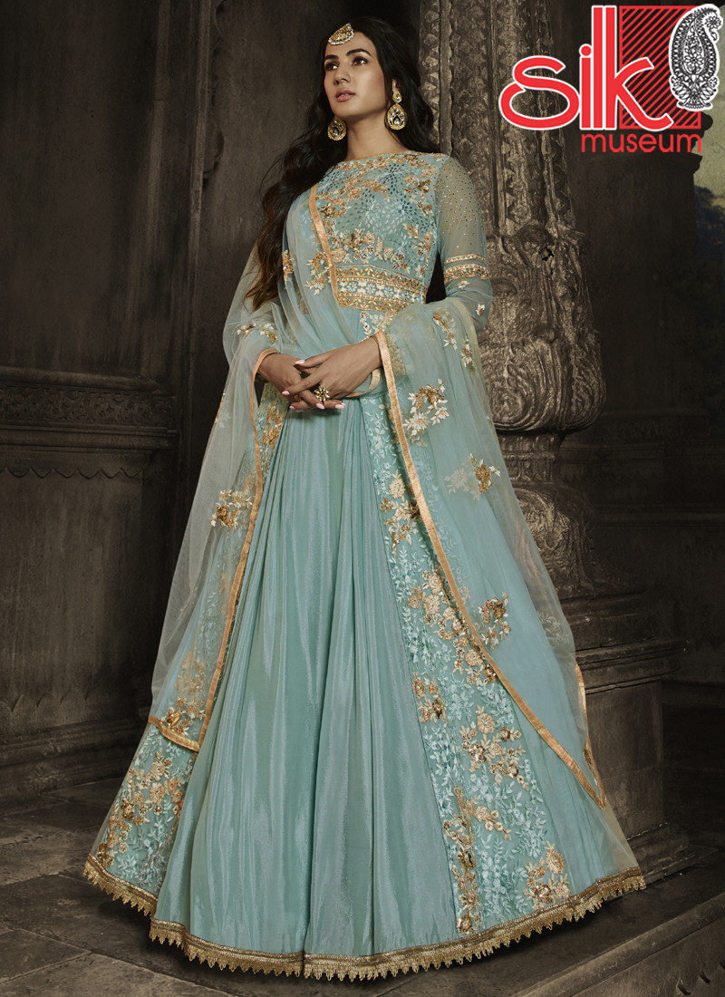 Sky Blue Unstitched Embroidered Dress Material With Dupatta