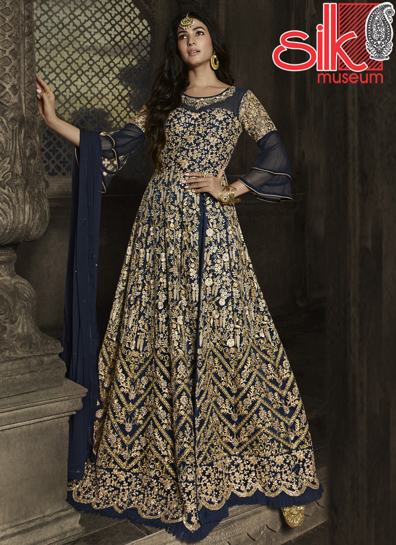 Navy Blue Unstitched Embroidered Dress Material With Dupatta