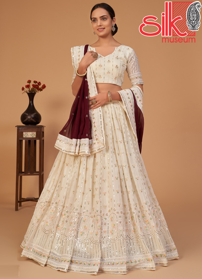 Off-White Lehenga Choli Georgette With Sequins & Multicolor Embroidery Work