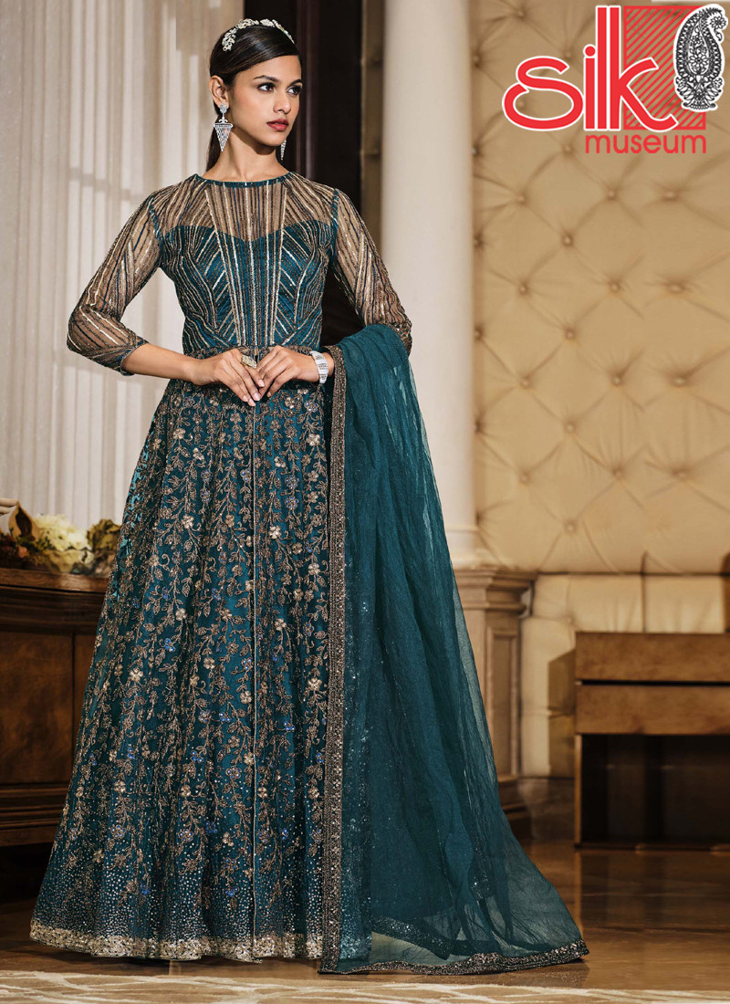 Teal Blue Net & Satin Suit With Heavy Multi,Sequence Embroidery Work